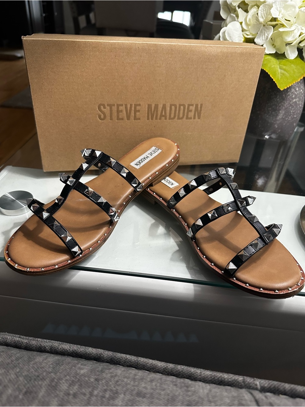 Steve Madden Black Studded Triple-Strap Slide Sandals
